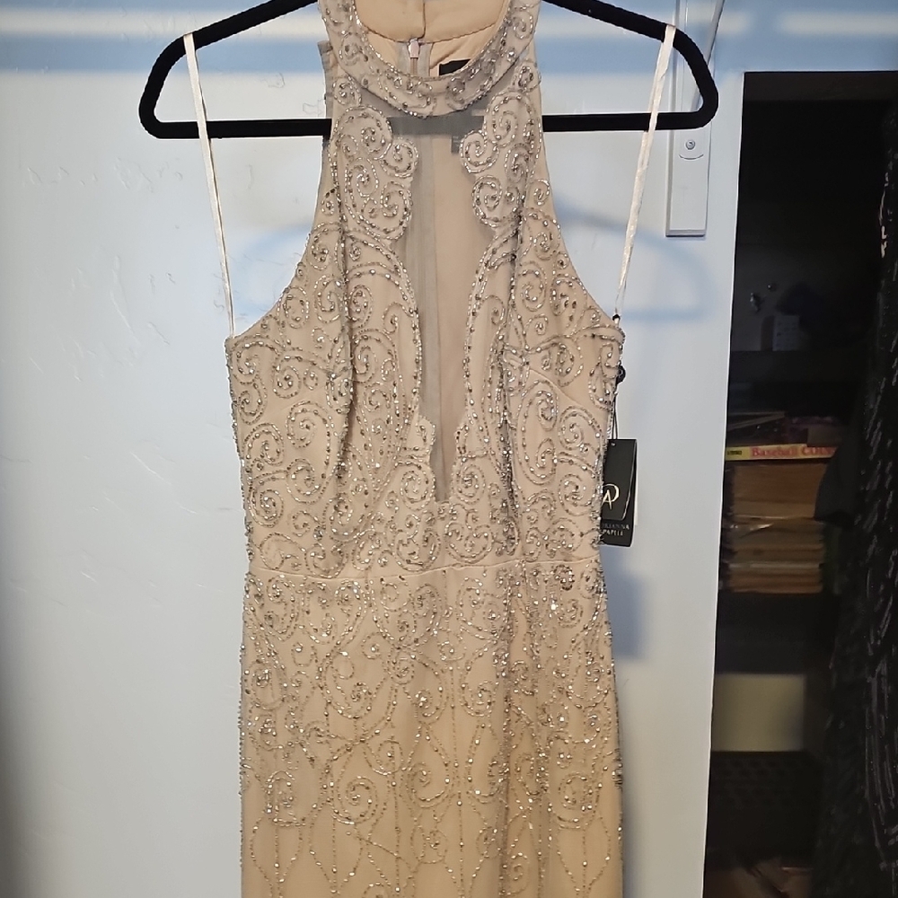 Adrianna Papell Cream Gold Sequin Halter Midi Dress